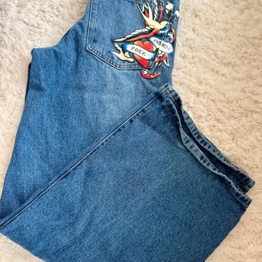 Ed Hardy Blue Wide Extra Baggy Jeans with Graphic Designs. - Picture 2 of 4